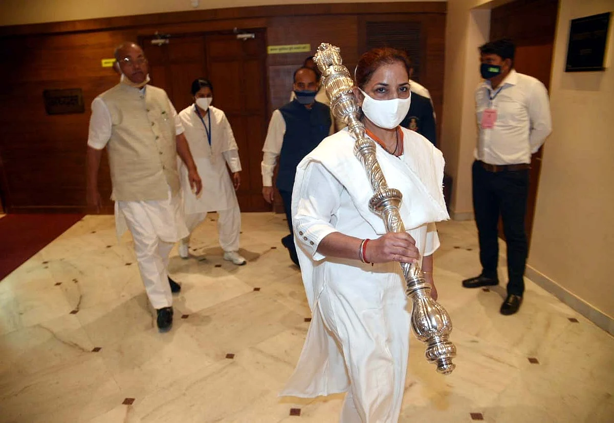 A woman marshal in the Madhya Pradesh Vidhan Sabha on International Women’s Day on Monday.