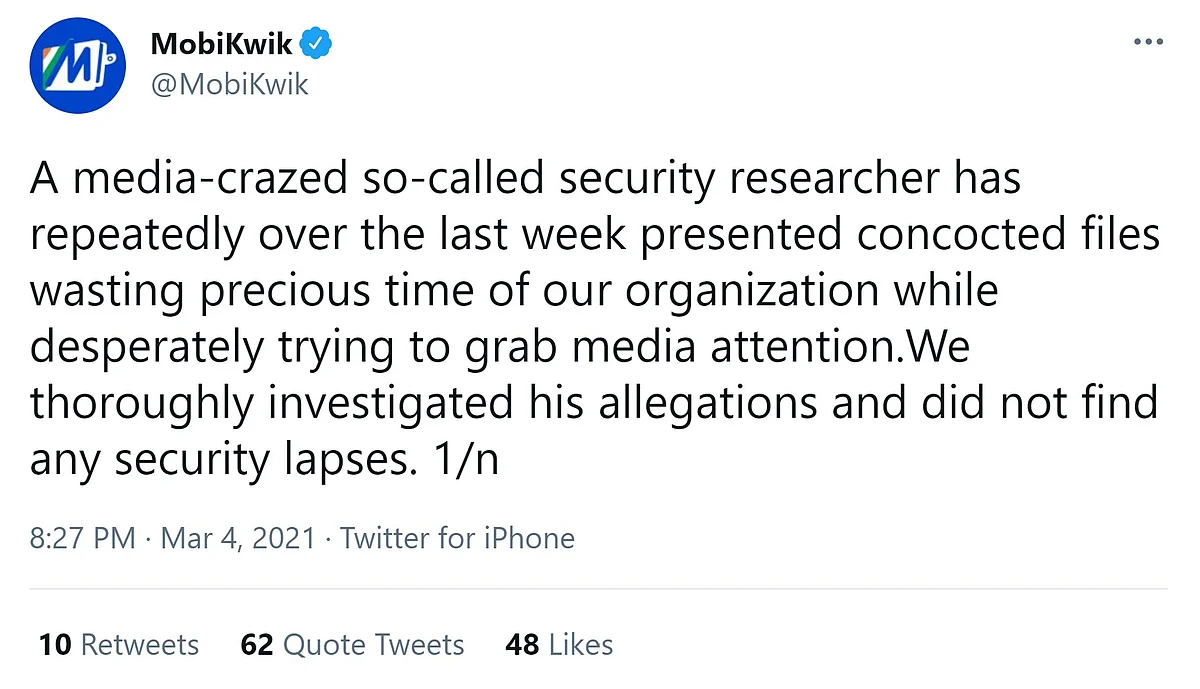 An old Twitter post of MobiKwik on the data leak irks its users