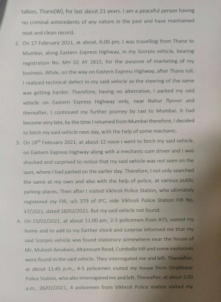 Antilia bomb scare: Letter of SUV 'owner' Mansukh Hiren alleging harassment surfaces