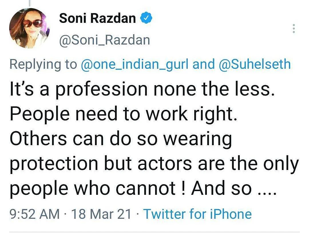 'We actually can’t wear masks': Soni Razdan demands Covid-19 vaccine for actors