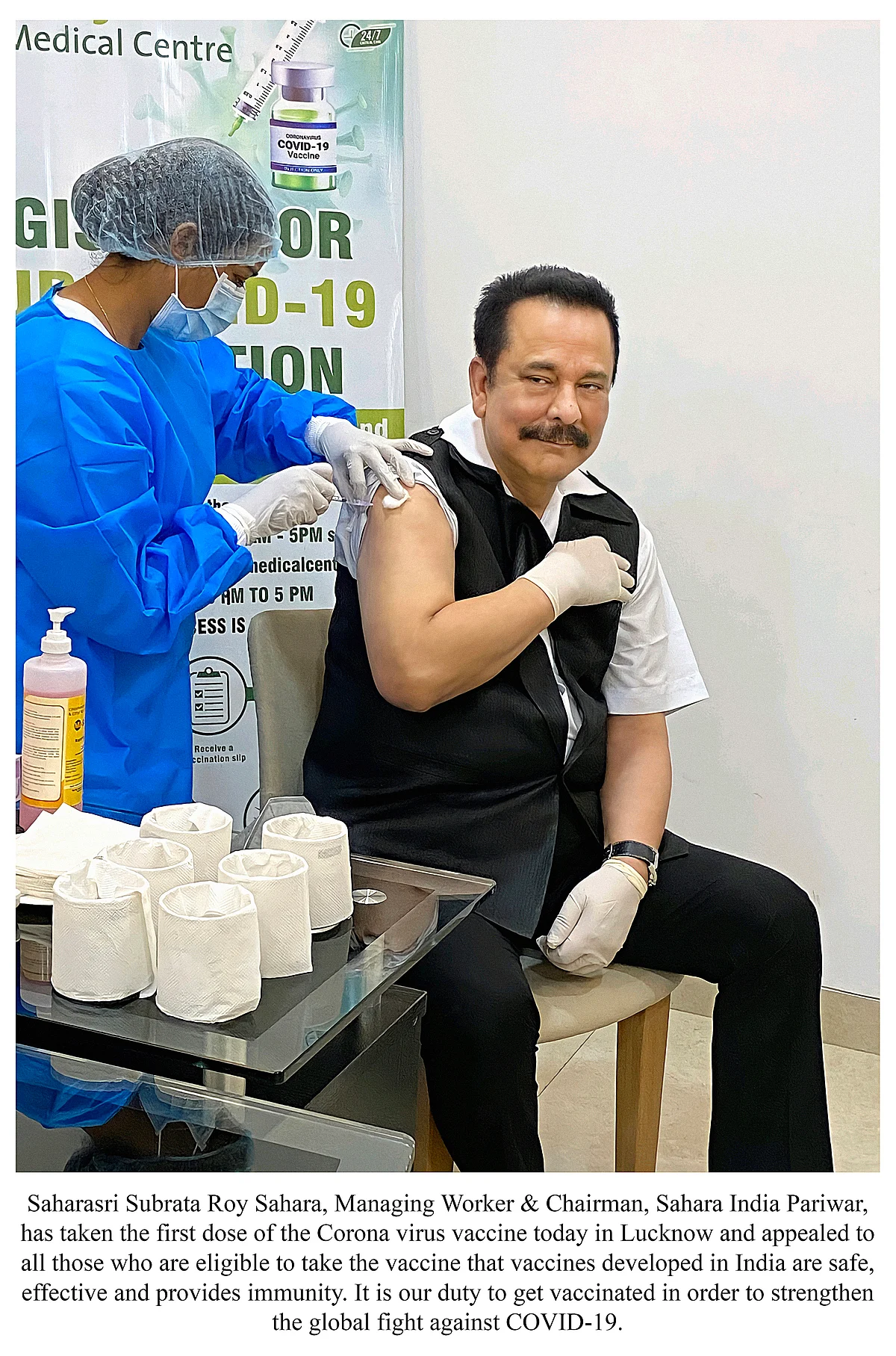 Sahara India's Subrata Roy takes first dose of COVID-19 vaccine in Lucknow
