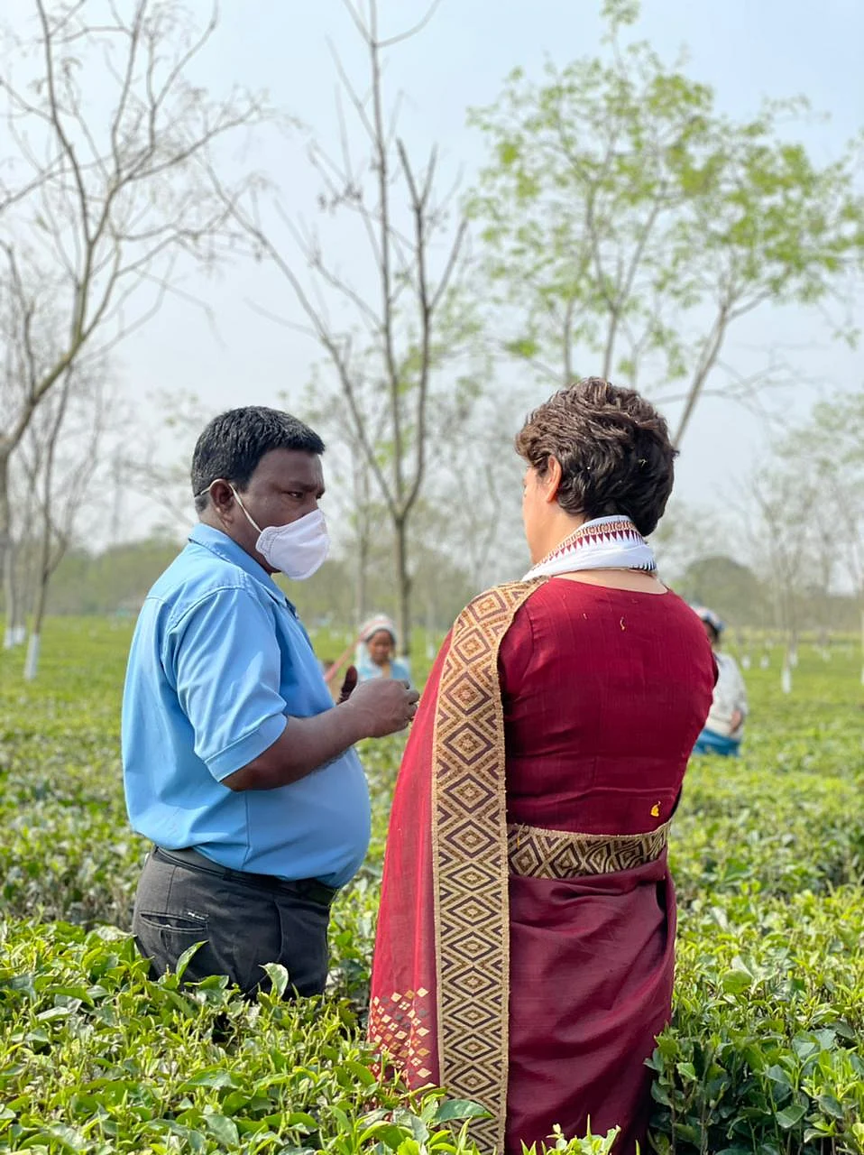 Priyanka Gandhi Vadra interacting with tea garden workers at Sadhuru tea garden, Biswanath, Assam.