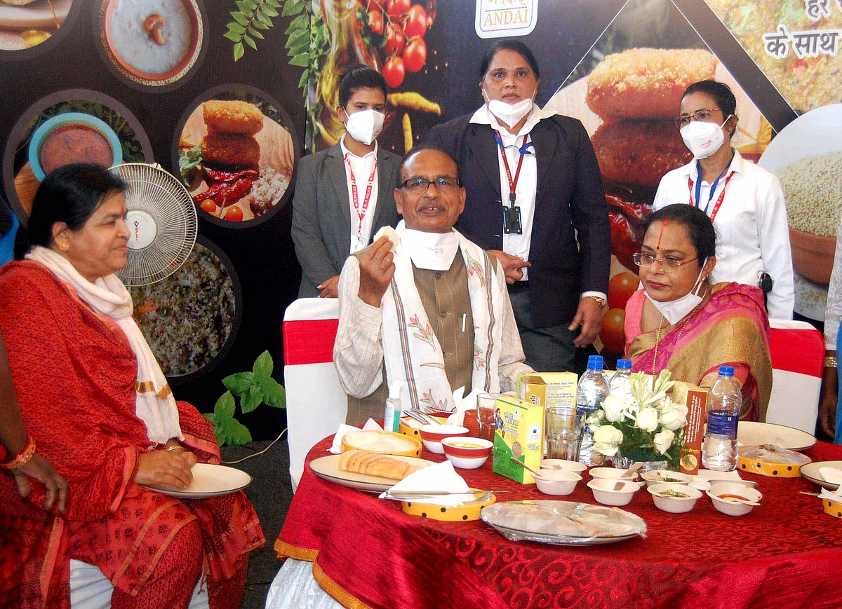 Chief Minister Shivraj Singh Chauhan with wife having lunch at restaurant in Bhopal Hatt International Women’s Day on Monday.