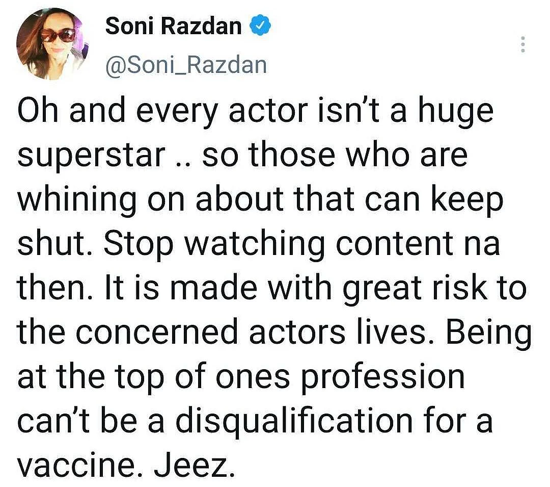 'We actually can’t wear masks': Soni Razdan demands Covid-19 vaccine for actors