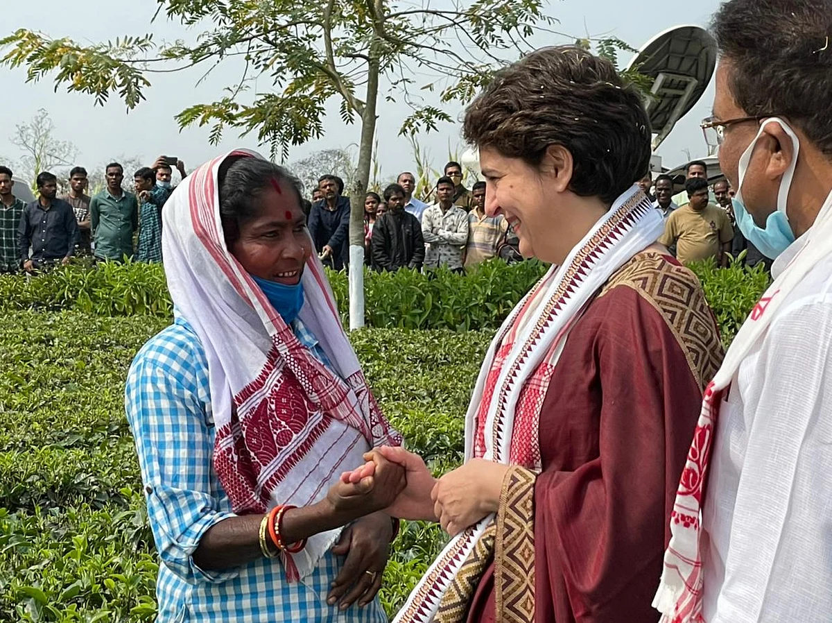 Priyanka Gandhi Vadra interacting with tea garden workers at Sadhuru tea garden, Biswanath, Assam.