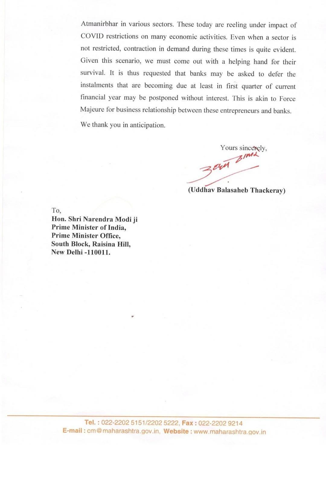 COVID-19: Maharashtra CM Uddhav Thackeray writes to PM Modi for medical oxygen, Remdesivir and necessary relief measures