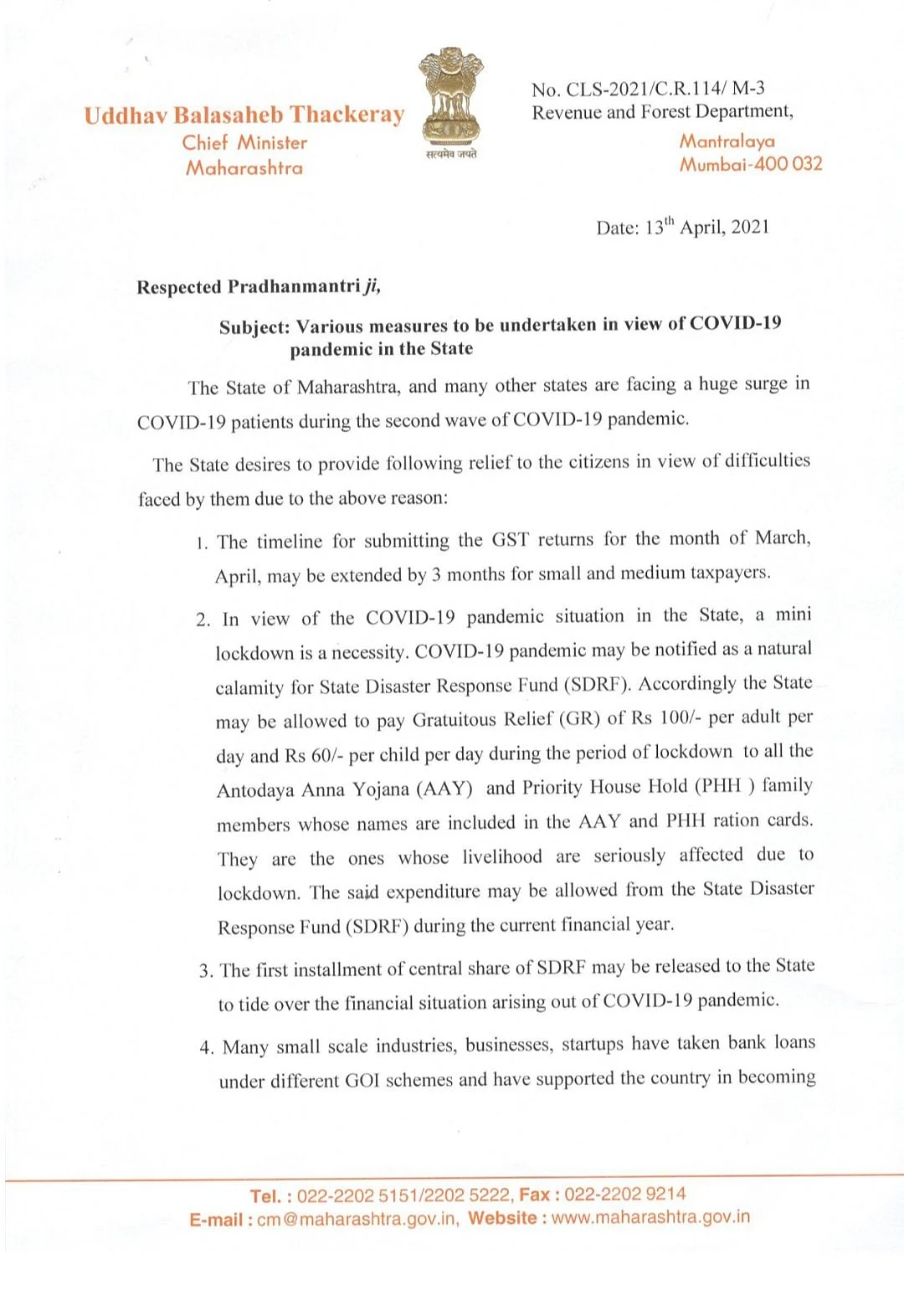 COVID-19: Maharashtra CM Uddhav Thackeray writes to PM Modi for medical oxygen, Remdesivir and necessary relief measures