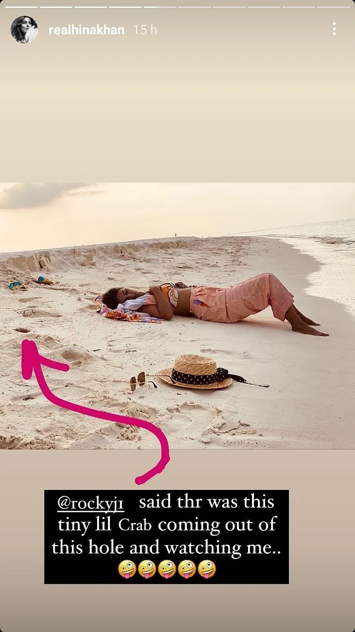 Here's what happened when a crab approached sleeping beauty Hina Khan in the Maldives