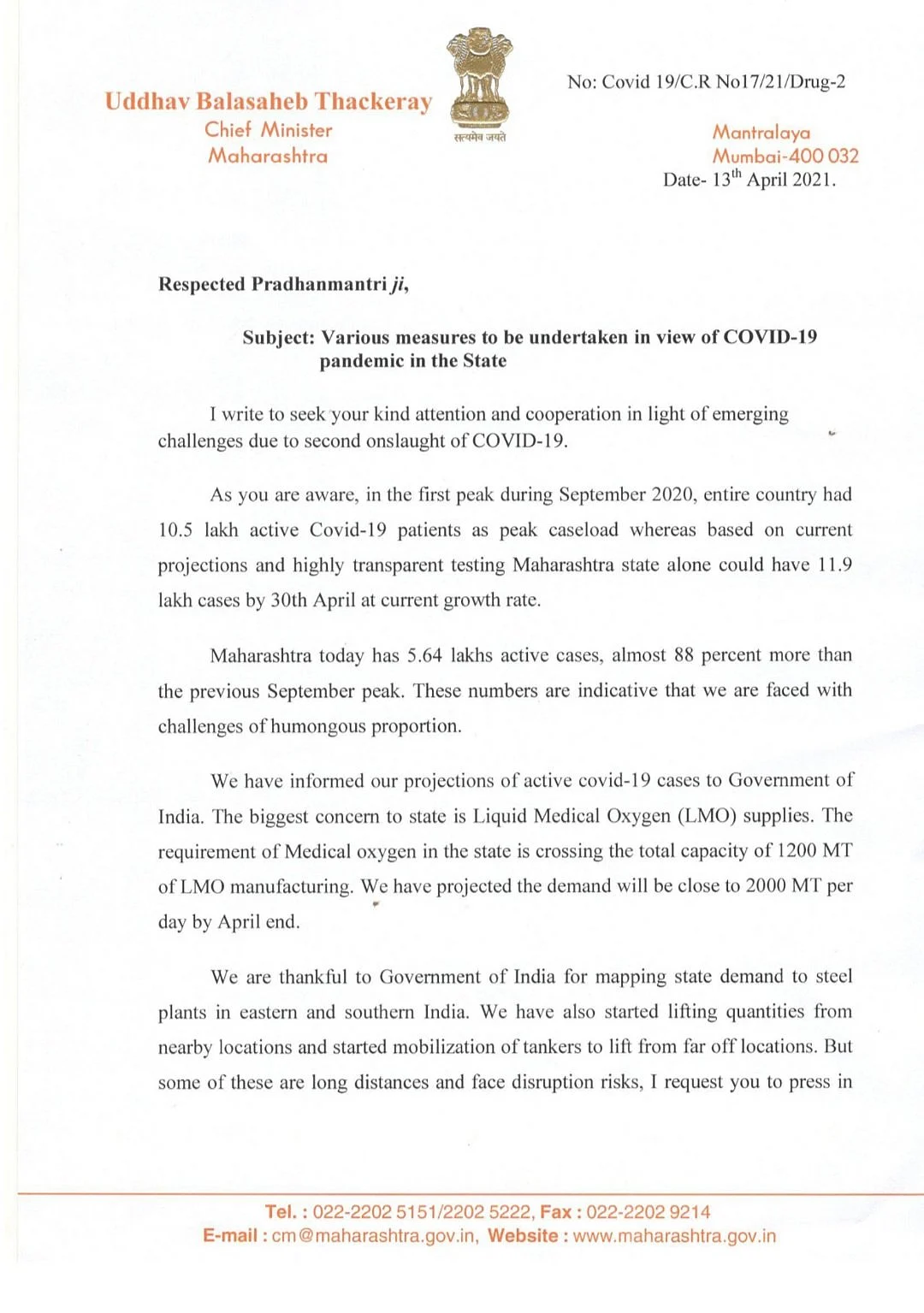 COVID-19: Maharashtra CM Uddhav Thackeray writes to PM Modi for medical oxygen, Remdesivir and necessary relief measures