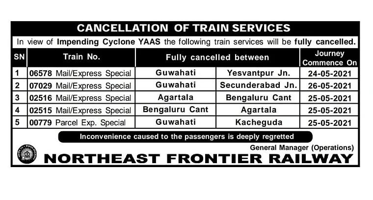 Cyclone Yaas: Northeast Frontier Railway cancels 38 long-distance South-bound and Kolkata-bound passenger trains till May 29 - Check full list here