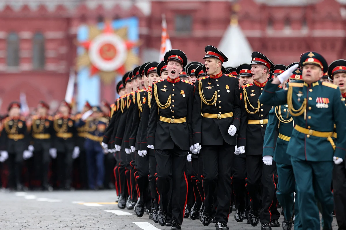 Russian servicemen march along Red Square during the Victory Day military parade in Moscow on May 9, 2021.