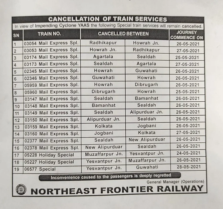 Cyclone Yaas: Northeast Frontier Railway cancels 38 long-distance South-bound and Kolkata-bound passenger trains till May 29 - Check full list here