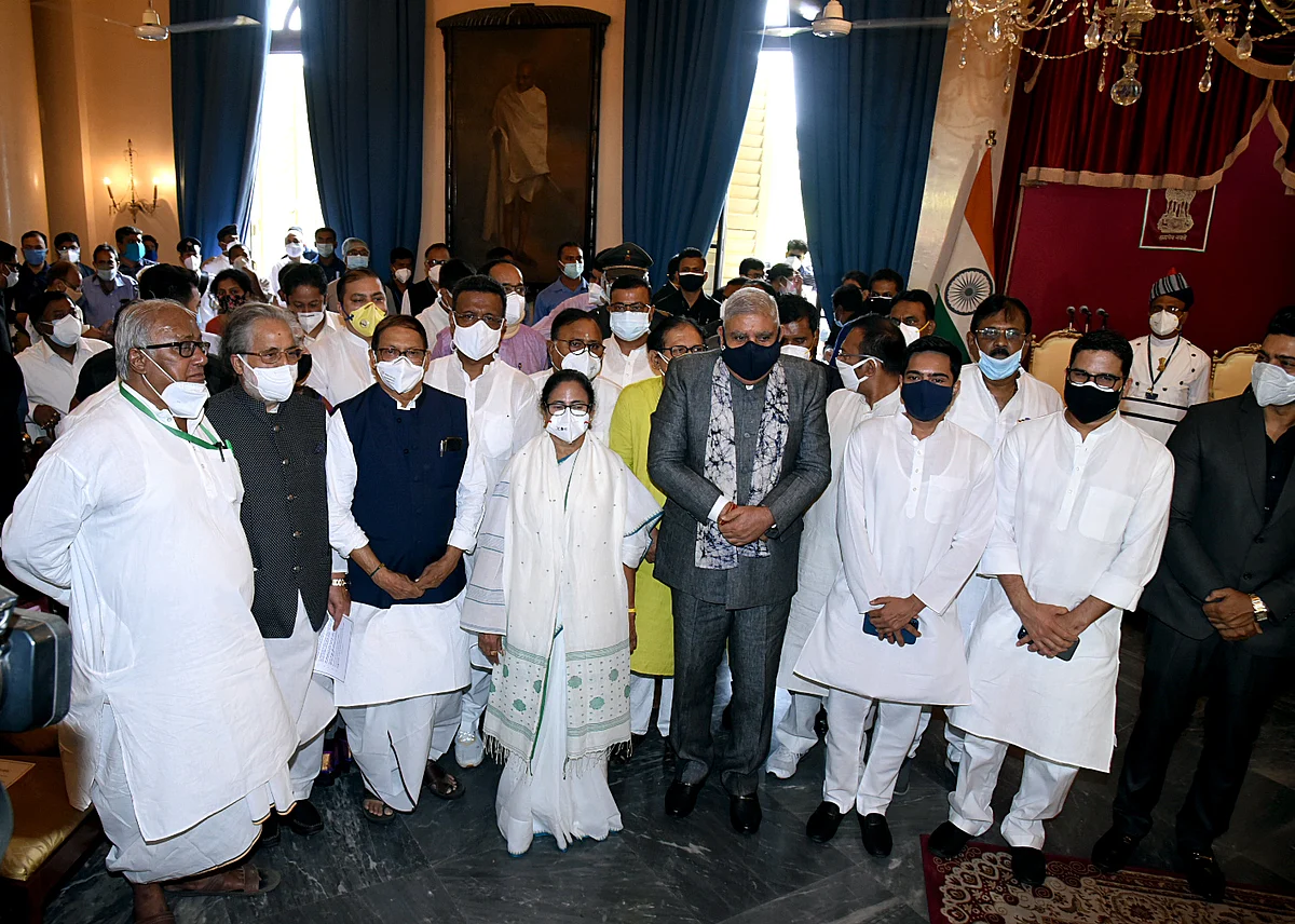 Newly-elected for a third consecutive term Chief Minister of West Bengal Mamata Banerjee in a group photo with the party leaders, at Raj Bhavan in Kolkata on Wednesday. She was administered the oath by Governor Jagdeep Dhankhar.