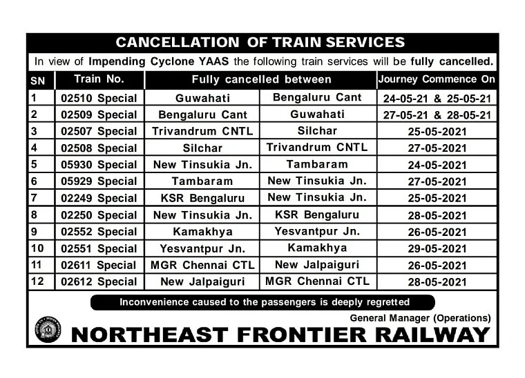 Cyclone Yaas: Northeast Frontier Railway cancels 38 long-distance South-bound and Kolkata-bound passenger trains till May 29 - Check full list here