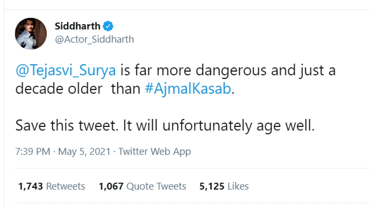 'Don't be another Kangana': Actor Siddharth trolled for comparing Tejasvi Surya to Ajmal Kasab for #BBMPBedScam