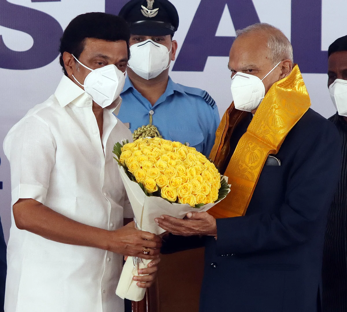 DMK Chief MK Stalin felicitates Governor Banwarilal Purohit during his oath ceremony as the Chief Minister of Tamil Nadu, at Raj Bhavan in Chennai on Friday.