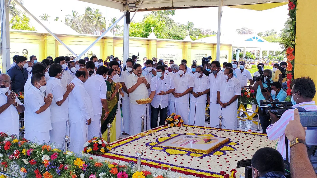 Newly-elected Tamil Nadu Chief Minister MK Stalin and his Cabinet Ministers pay tribute to his father and former CM M Karunanidhi after taking oath ceremony, in Chennai on Friday.