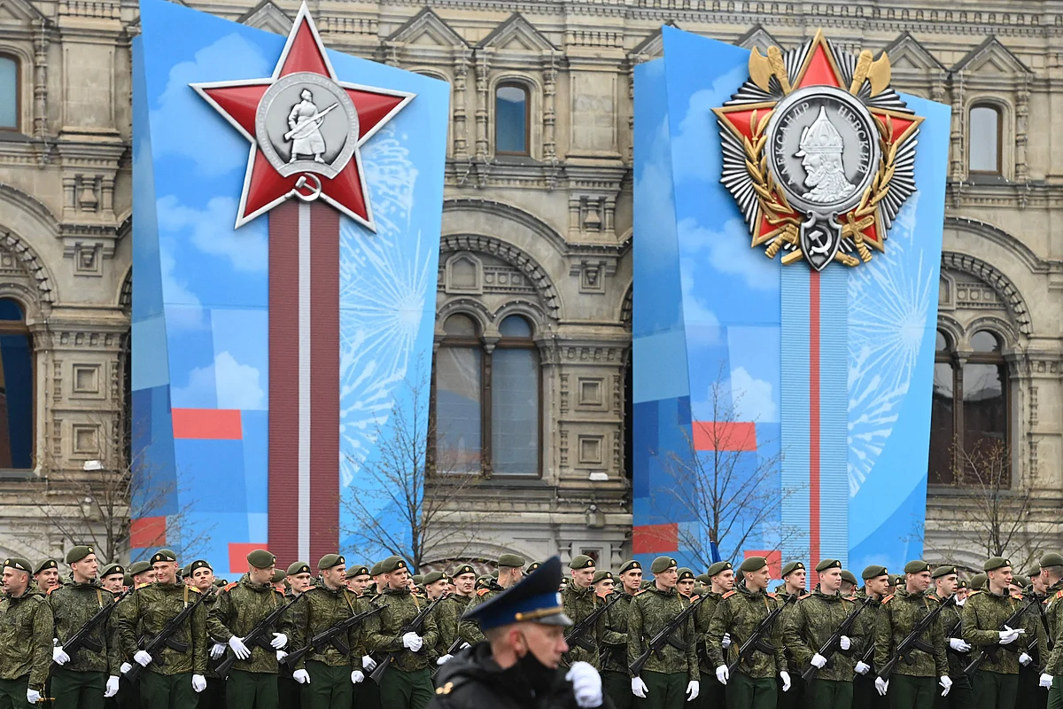 Russian servicemen gather on Red Square before the Victory Day military parade in Moscow on May 9, 2021.