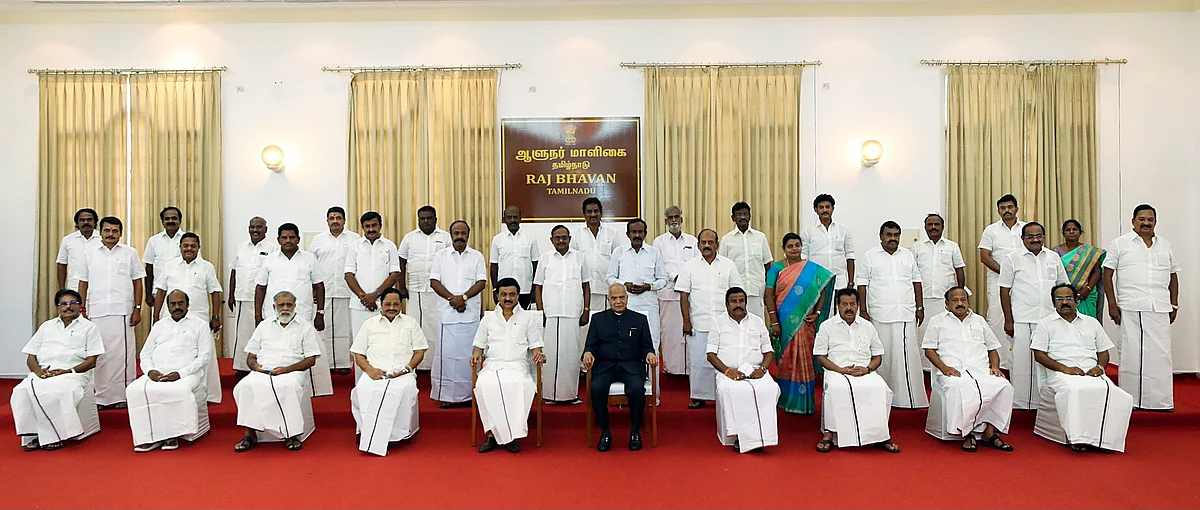 Newly-elected Tamil Nadu Chief Minister MK Stalin and his Cabinet Ministers in a group photo, at Raj Bhavan in Chennai on Friday. Governor Banwarilal Purohit also seen.