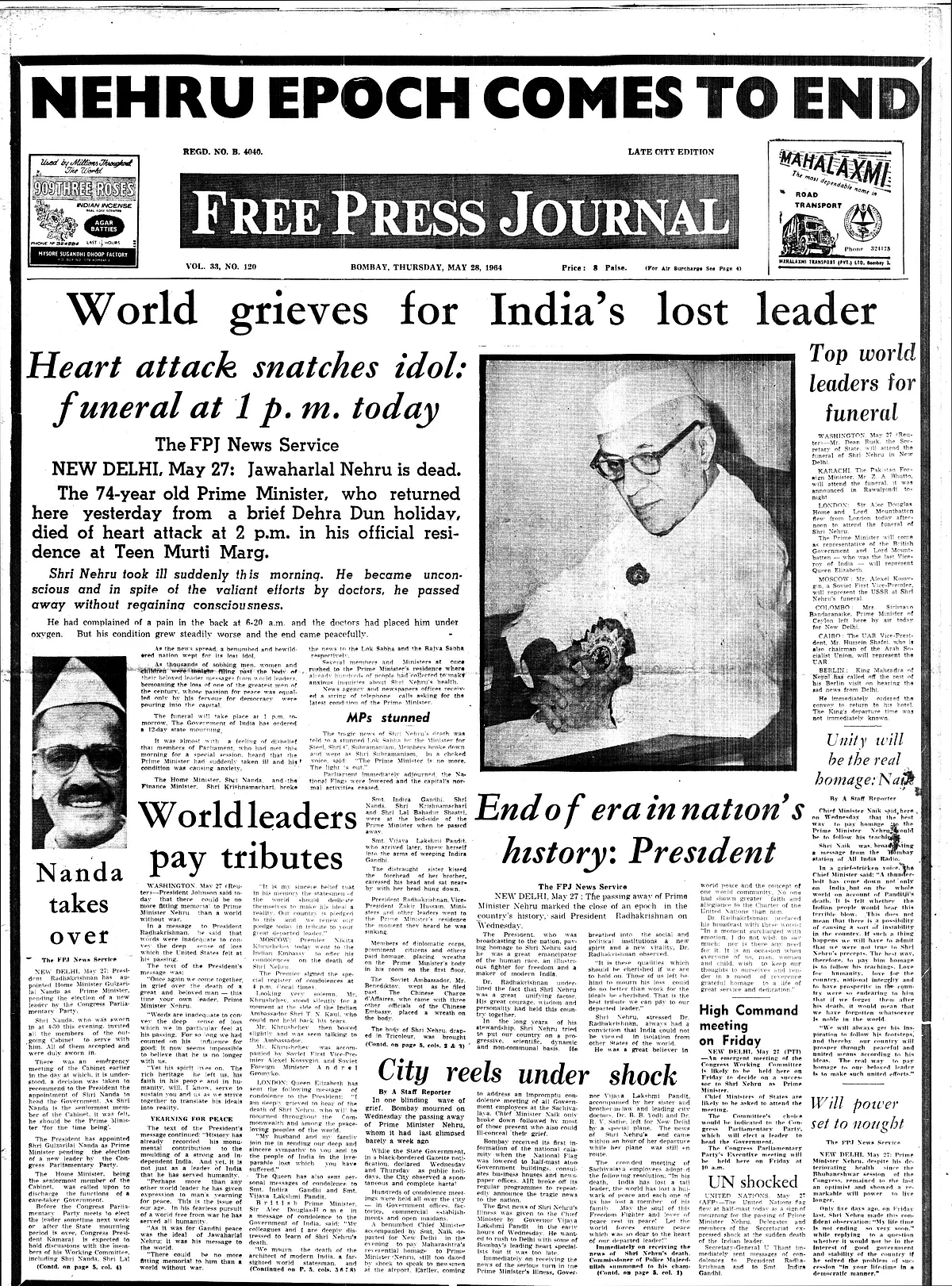 From the FPJ Archives: Nehru epoch comes to an end, world grieves for India's lost leader