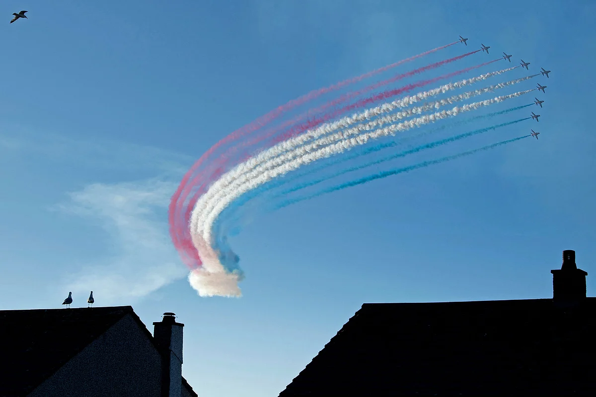 The Royal Air Force Aerobatic Team, the Red Arrows perform a fly-past during the G7 summit in Carbis Bay, Cornwall on June 12, 2021.