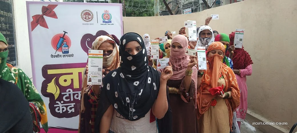 Women outside Vaccination centre in Khajrana on Saturday