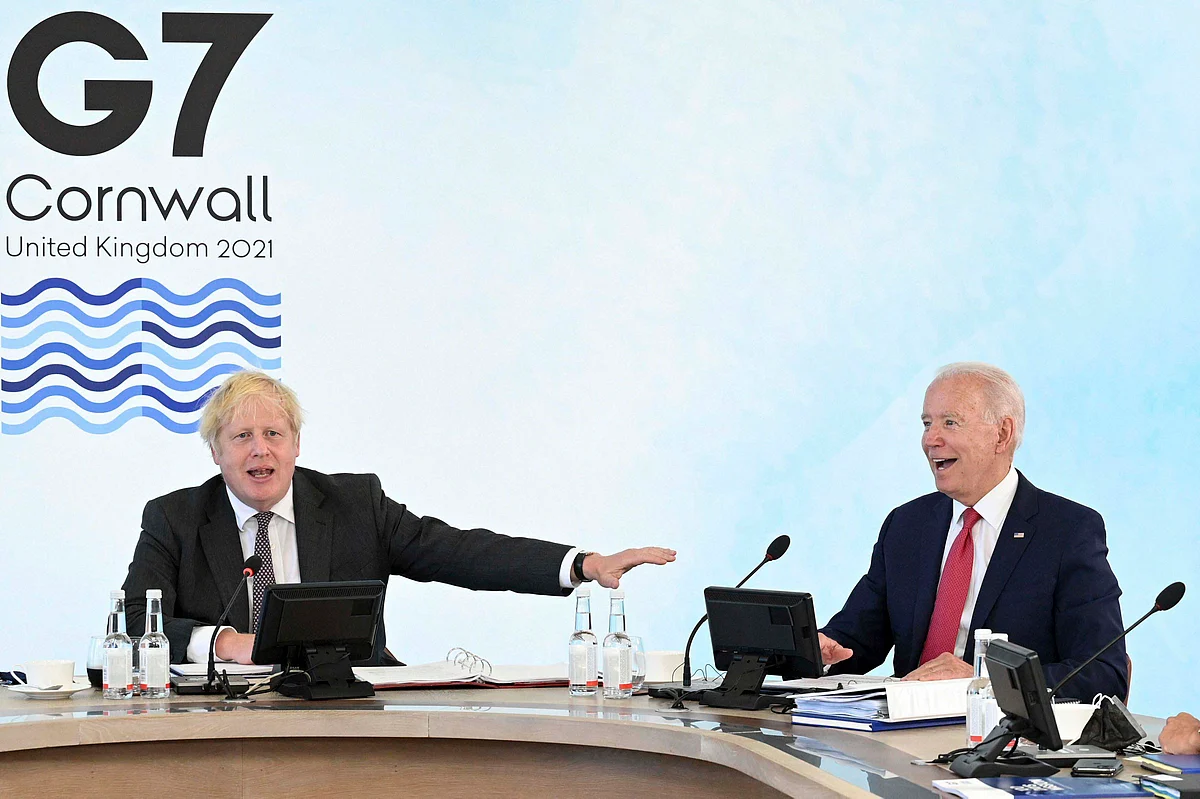Britains Prime Minister Boris Johnson, left, and US President Joe Biden during the G7 summit in Cornwall, England, Saturday June 12, 2021.
