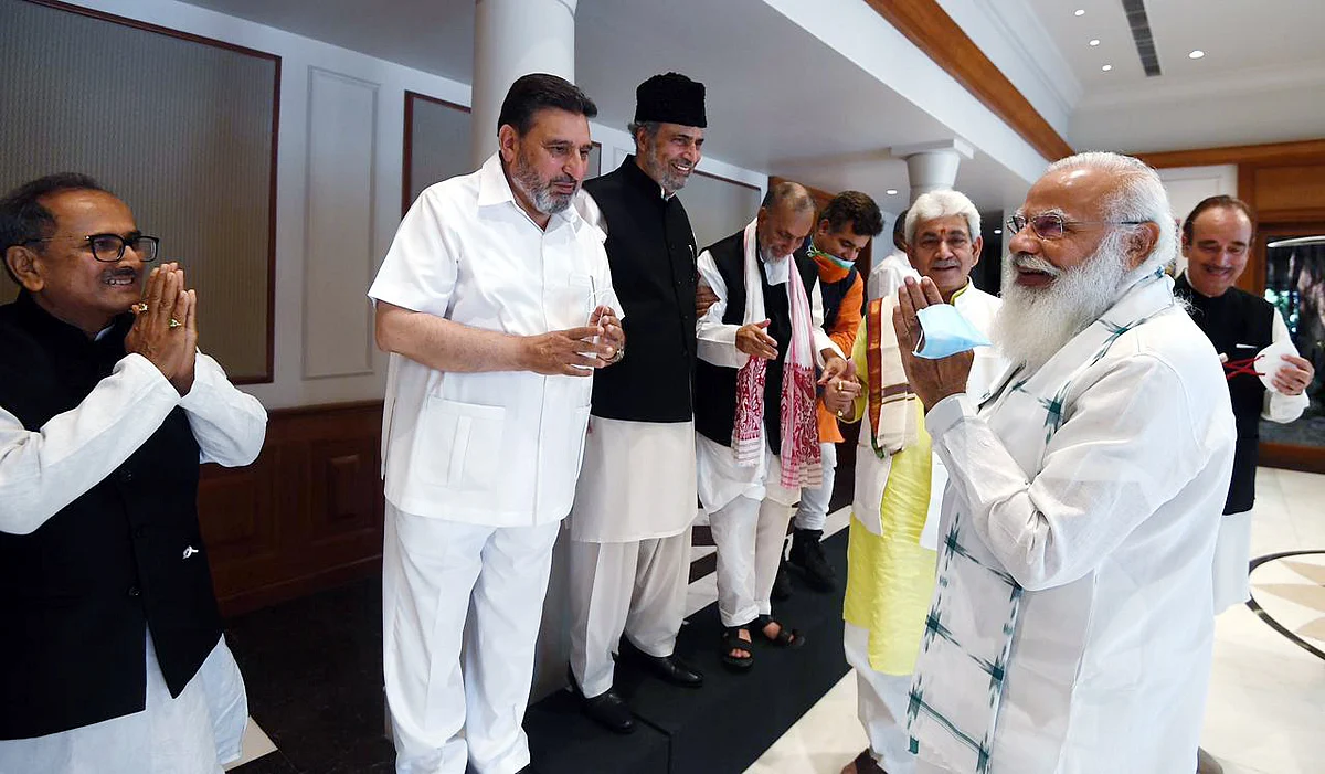 New Delhi, June 24 (ANI): Prime Minister Narendra Modi interacts with Jammu and Kashmir leaders following an all-party meeting, in Delhi on Thursday.