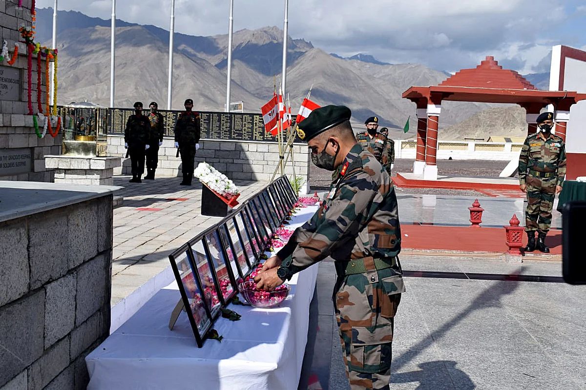 Fire and Fury Corps pay floral tribute to the 20 soldiers who died in the Galwan valley clash on the occasion of its first anniversary, in Srinagar on Tuesday.