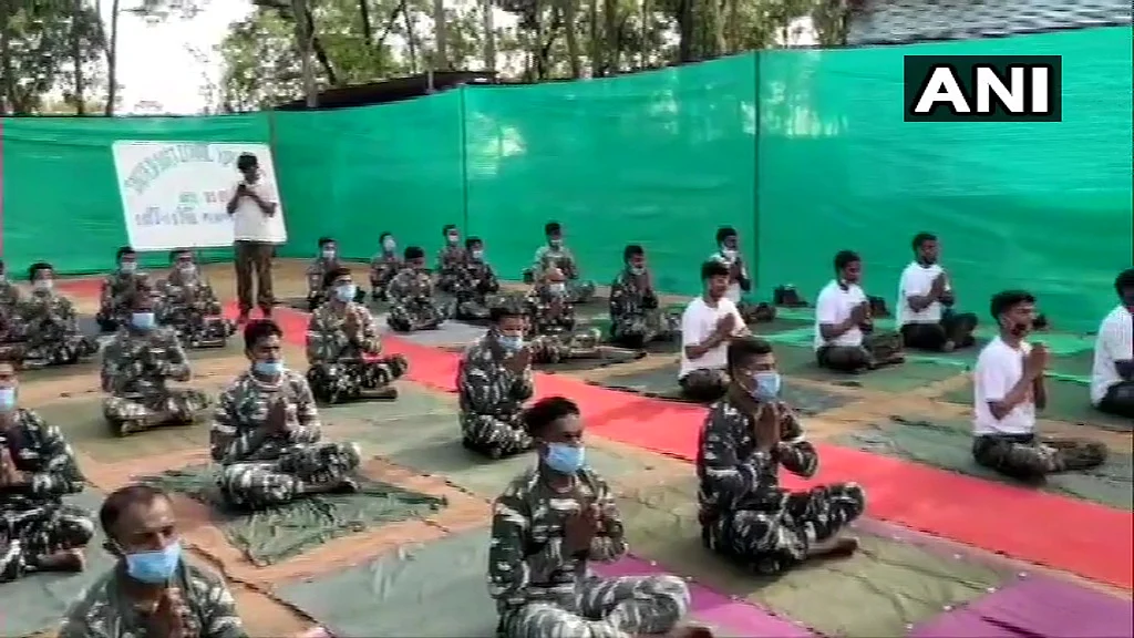 Chhattisgarh: Central Reserve Police Force (CRPF) 150 and 241 Battalions, and CoBRA (Commando Battalion for Resolute Action) Battalion 206 perform Yoga in naxal affected Minpa village of Sukma, on International Day Of Yoga.