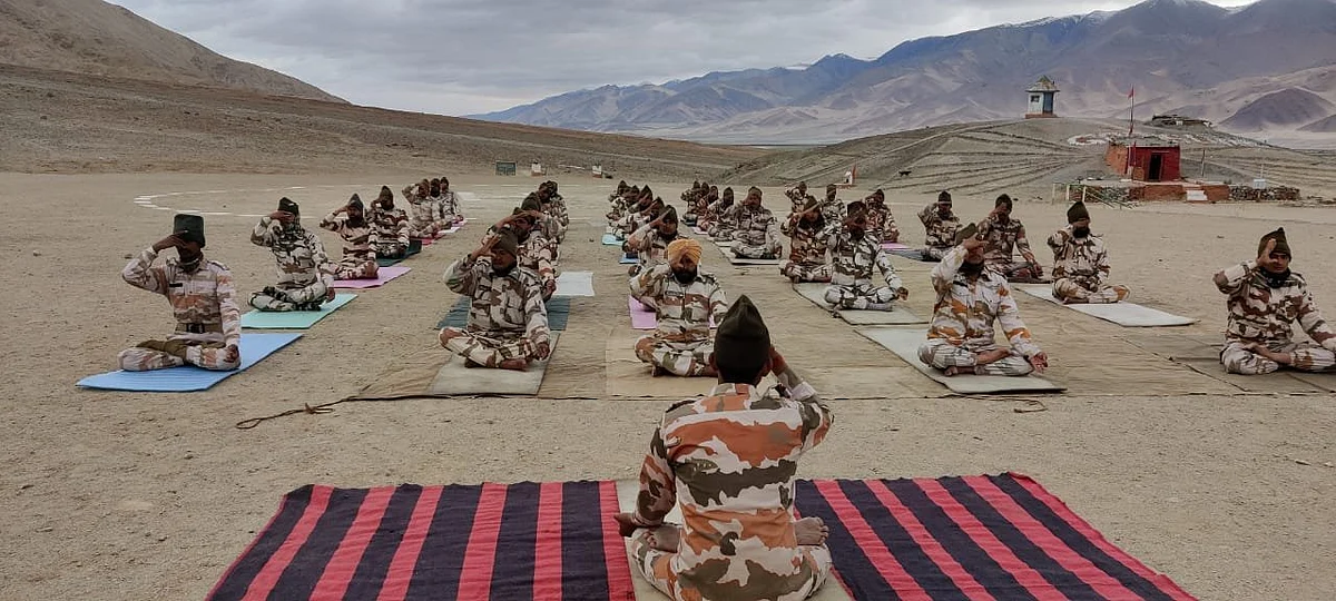 On International Day Of Yoga ITBP personnel perform Yoga at an altitude of 15,000 ft near a Border Out Post in Ladakh.