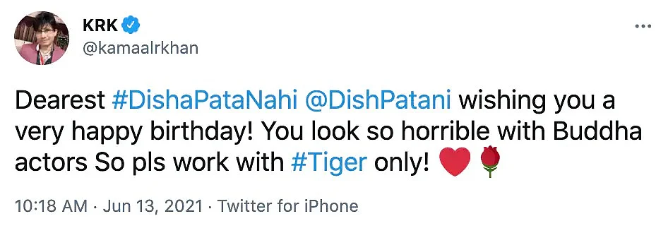 'You look so horrible with buddha actors': KRK takes a dig at Salman Khan as he wishes Disha Patani on birthday