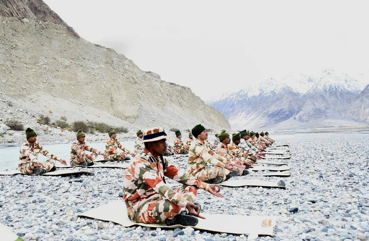 ITBP personnel perform Yoga near Galwan, Ladakh on International Yoga Day.