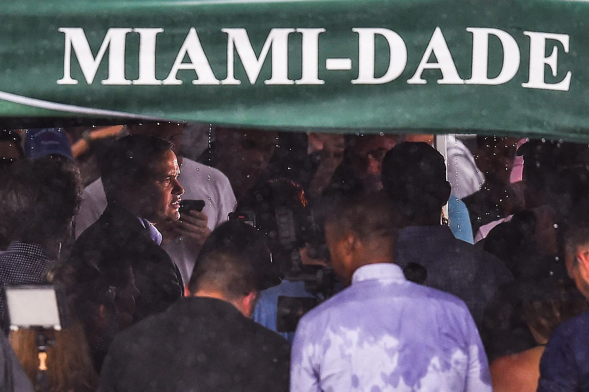 Republican Senator for Florida Marco Rubio (L), speaks to the media near the site of a collapsed building in Surfside, Florida, north of Miami Beach, on June 26, 2021.