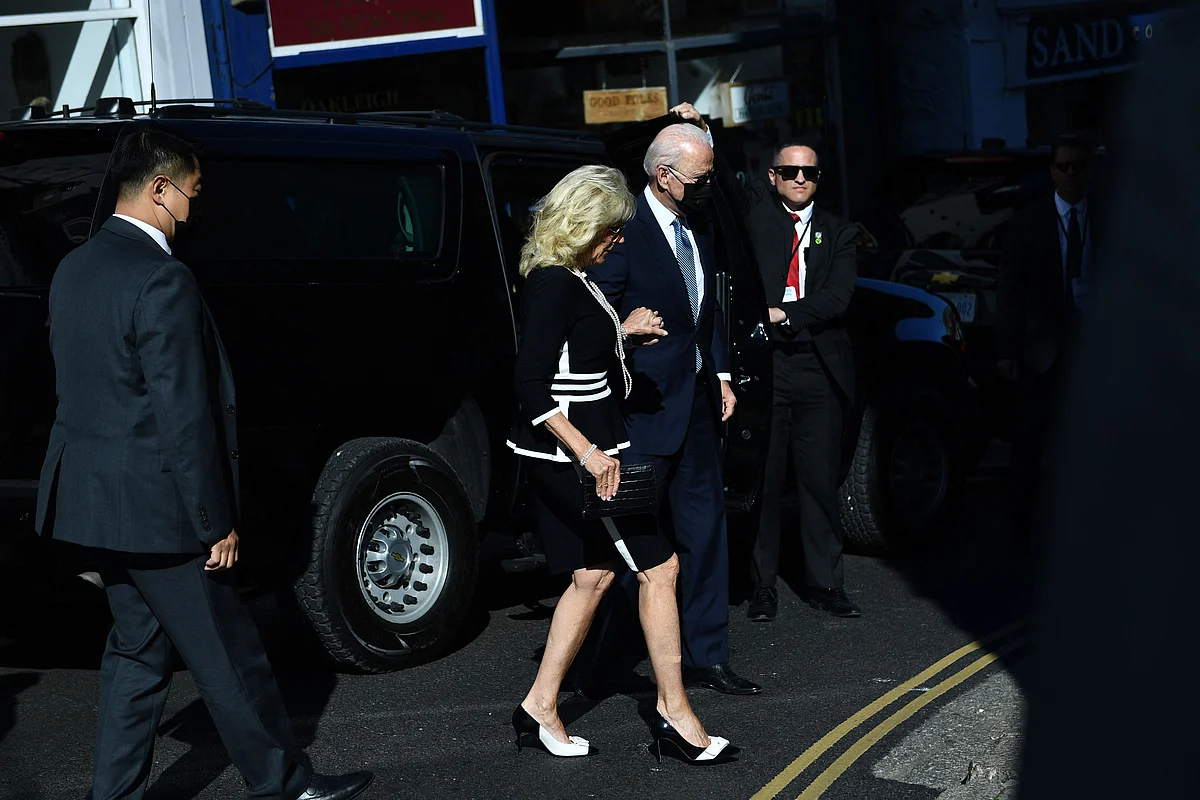 US President Joe Biden and US First Lady Jill Biden arrive for a Sunday service at a church in St Ives, Cornwall during the G7 summit on June 13, 2021.
