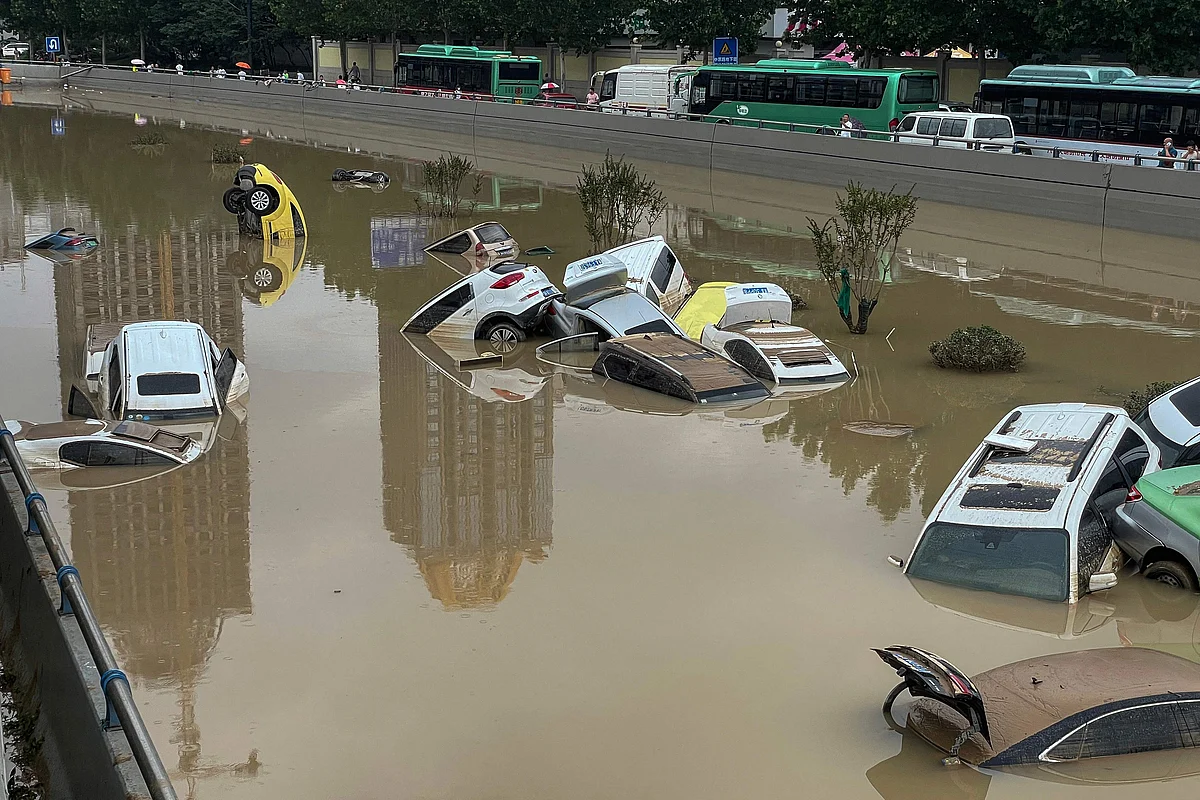 Cars sit in floodwaters after heavy rains hit the city of Zhengzhou in Chinas central Henan province on July 21, 2021.