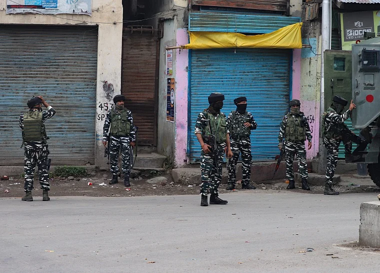 Security personnel during an encounter with militants in Pulwama town, south of Kashmir,