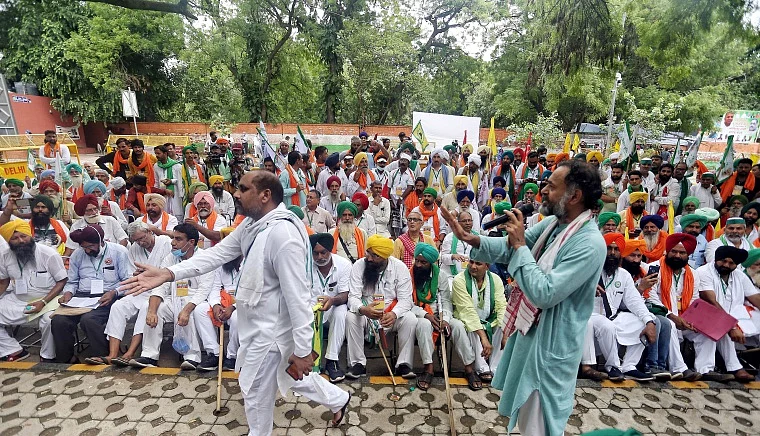 Farmers during Kisan Sansad at Jantar Mantar in New Delhi
