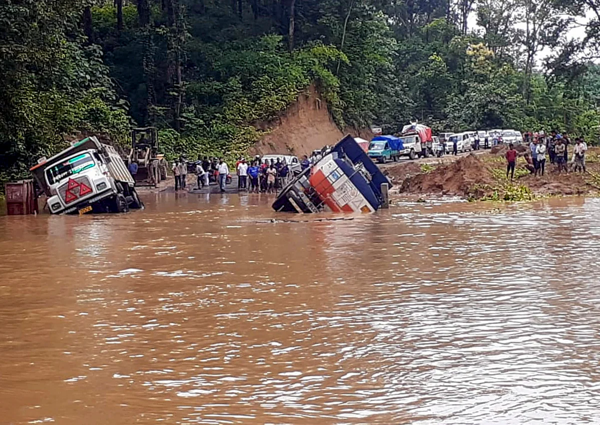 NH-8 collapses after heavy rains, near Agartala, Thursday, July 1, 2021.