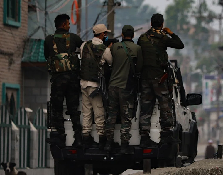 Security personnel during an encounter with militants in Pulwama town, south of Kashmir,