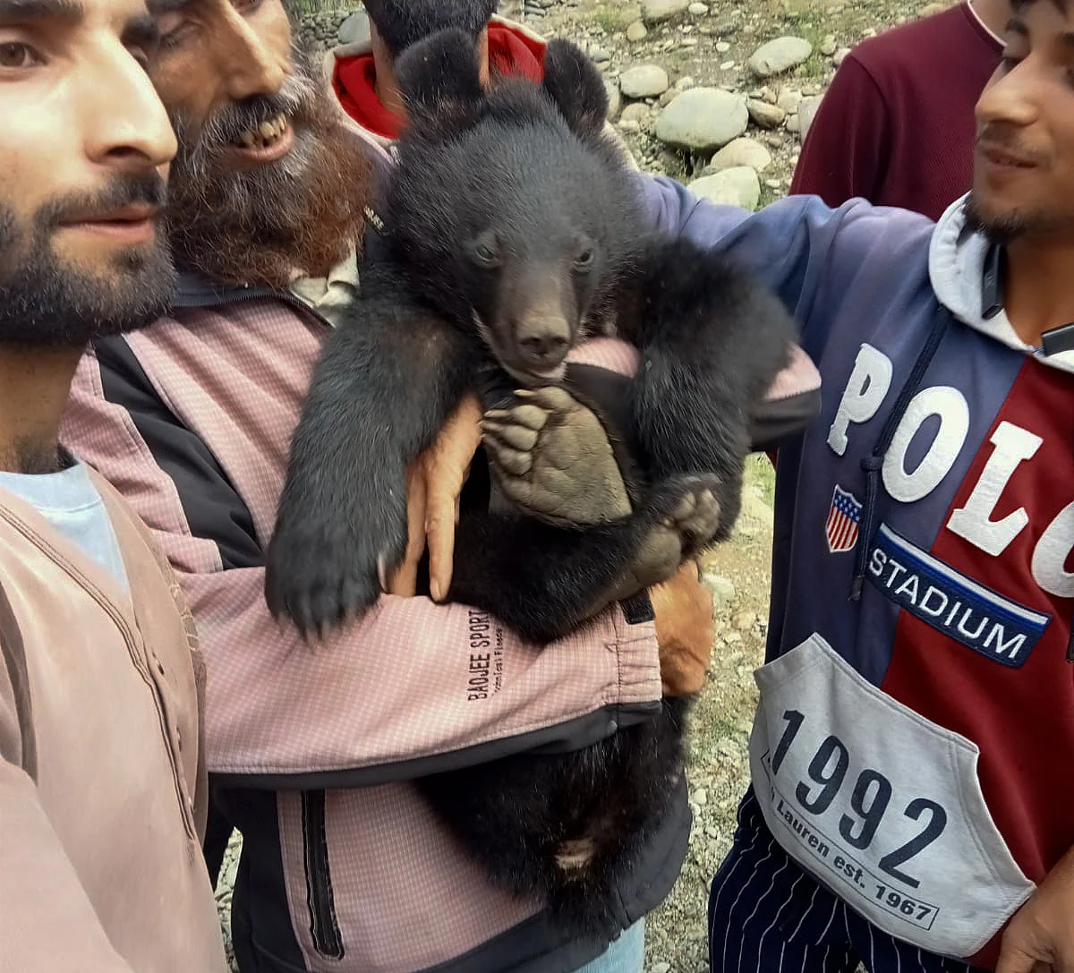 Locals carry the cub who strayed into northern Kashmir's Baramulla District on July 13, 2021.