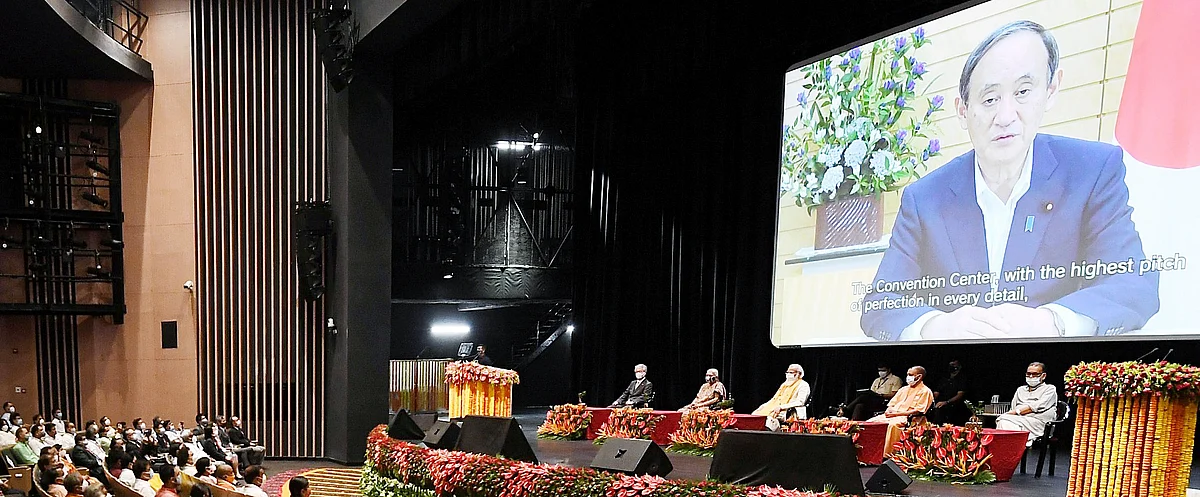 Prime Minister Narendra Modi at the inauguration of the International Cooperation and Convention Centre - Rudraksh, in Varanasi on Thursday.