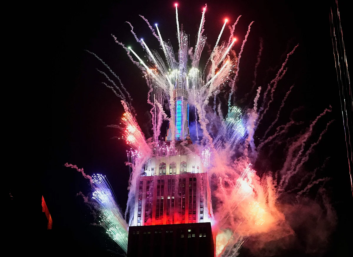 The Empire State Building lights up with fireworks launched from the 72nd, 86th, and 103rd floors on July 4, 2021, to go along with the 2021 Macys 4th Of July Fireworks Show in New York City to mark Independence Day.