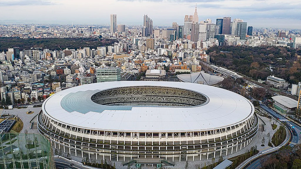 Aerial view of Japan's New National Stadium in the Shinjuku
