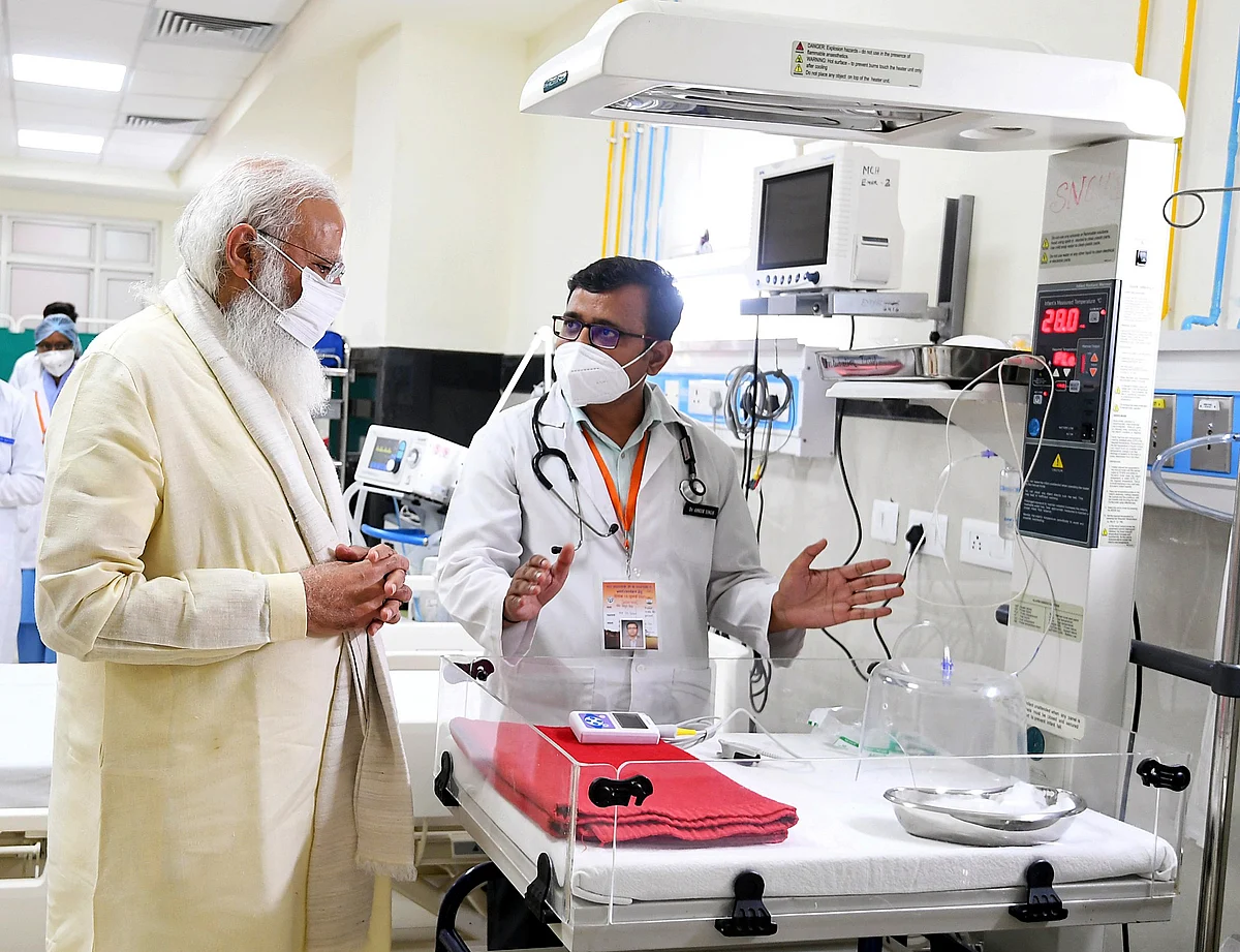 Prime Minister Narendra Modi visits the Maternal and Child Health Wing at Banaras Hindu University (BHU), in Varanasi on Thursday.