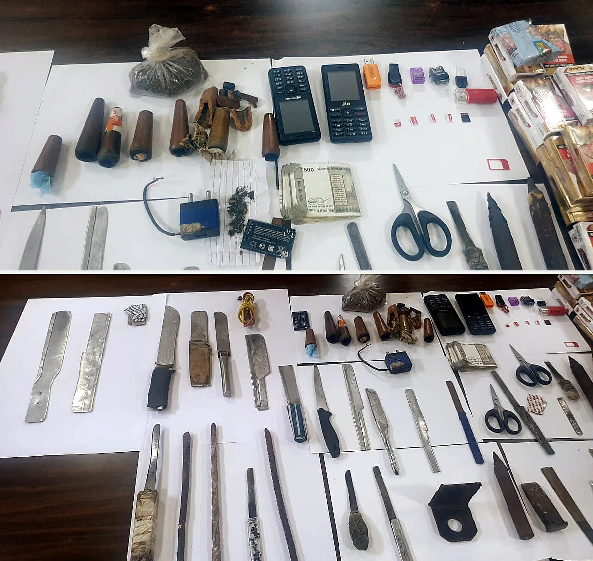 Karnataka, July 10 (ANI): Combo picture of mobile phones, sim cards, and other essentials seized by Bengaluru Central Crime Branch (CCB) after conducting the raid and search operations at Parappana Agrahara jail, in Bengaluru on Saturday.