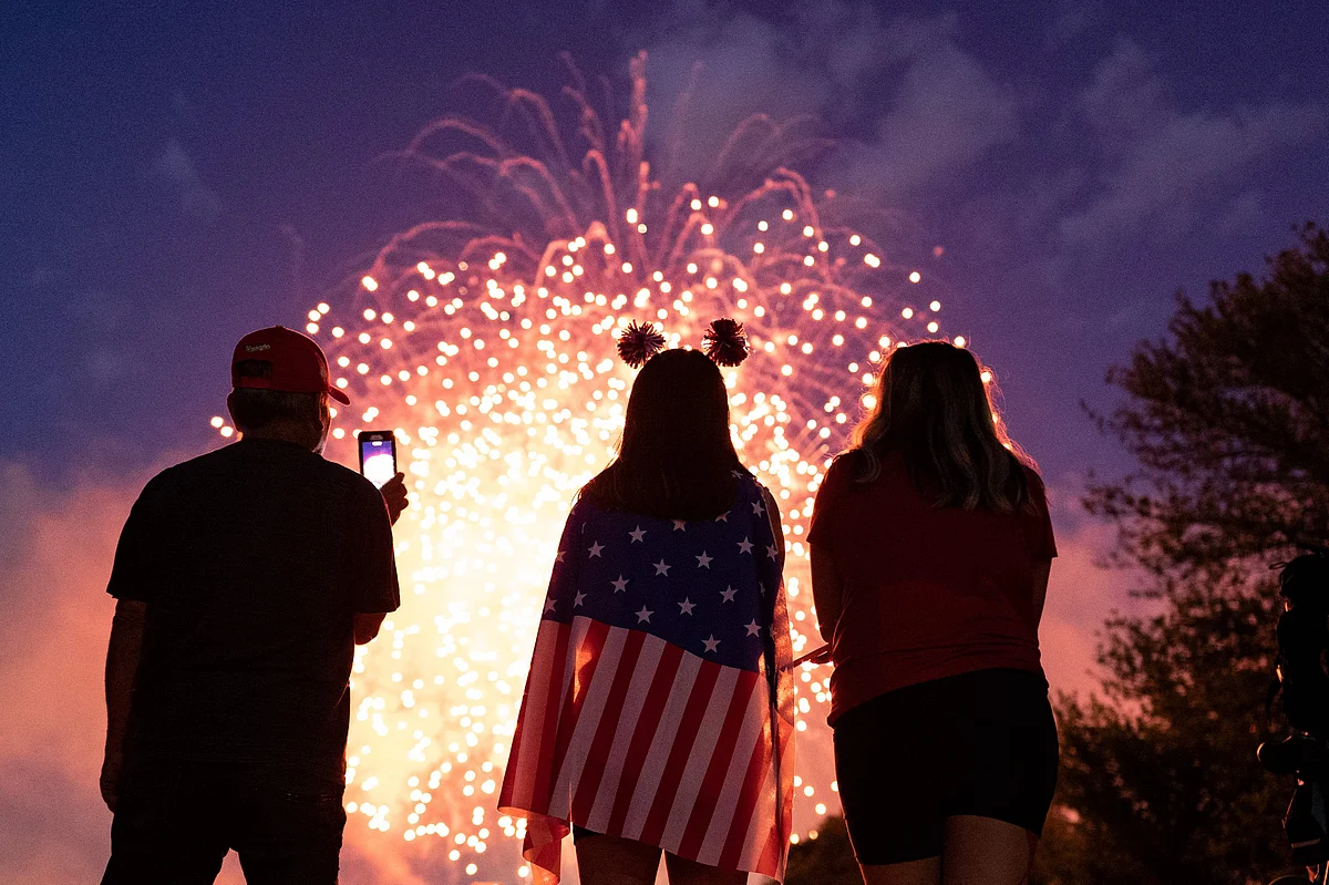 Visitors watch the Independence Day fireworks display near the Lincoln Memorial on the National Mall on July 4, 2021 in Washington, DC.