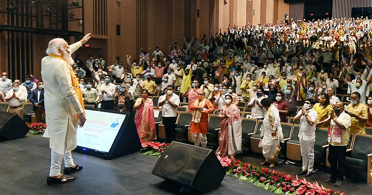 Prime Minister Narendra Modi at the inauguration of the International Cooperation and Convention Centre - Rudraksh, in Varanasi on Thursday.