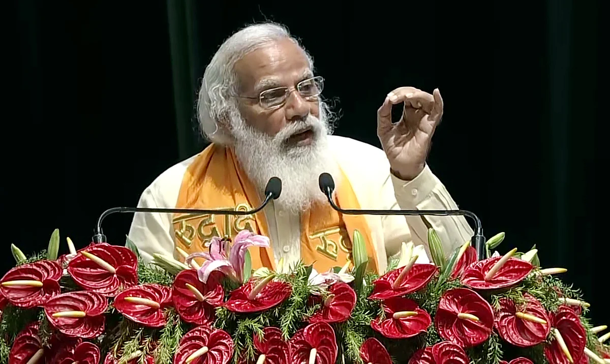 Prime Minister Narendra Modi addresses during the inauguration ceremony of Rudraksha Convention Centre, in Varanasi on Thursday.