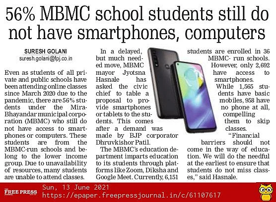 FPJ Impact: Soon, free tabs for 3367 Mira Bhayandar Municipal Corporation-run school students
